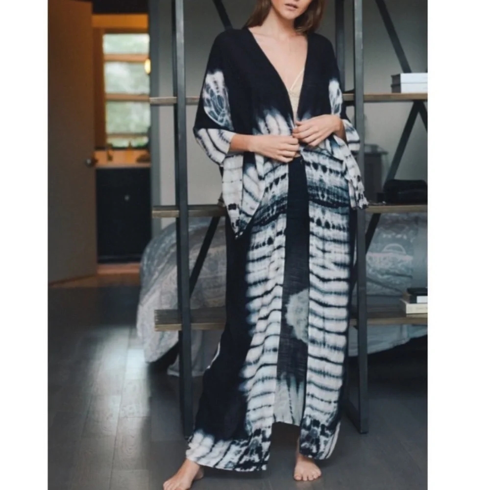 Black Tie Dyed Long Kimono / Cover up - Picture 1 of 4